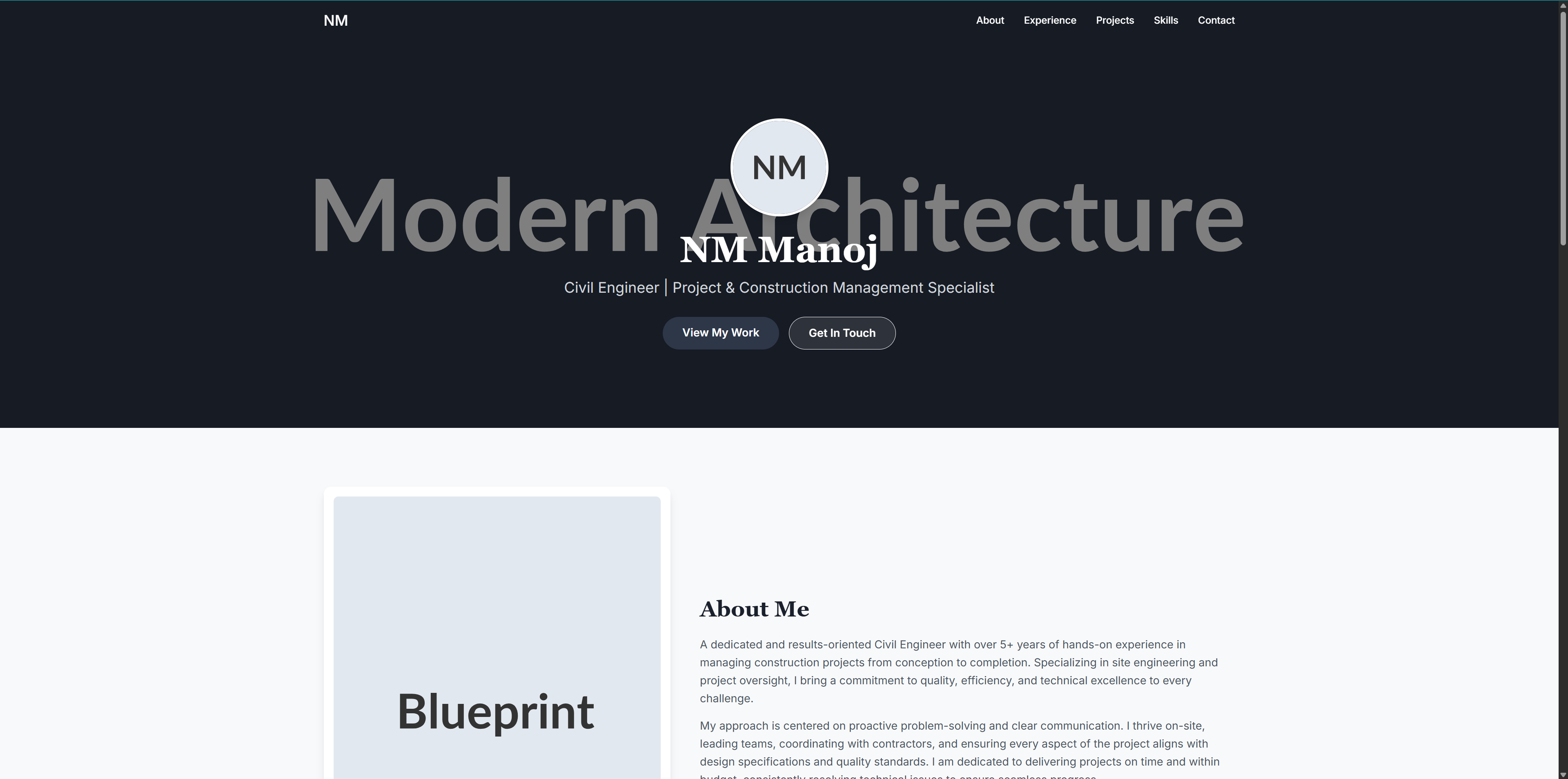 Case-study-driven portfolio website preview for Manoj