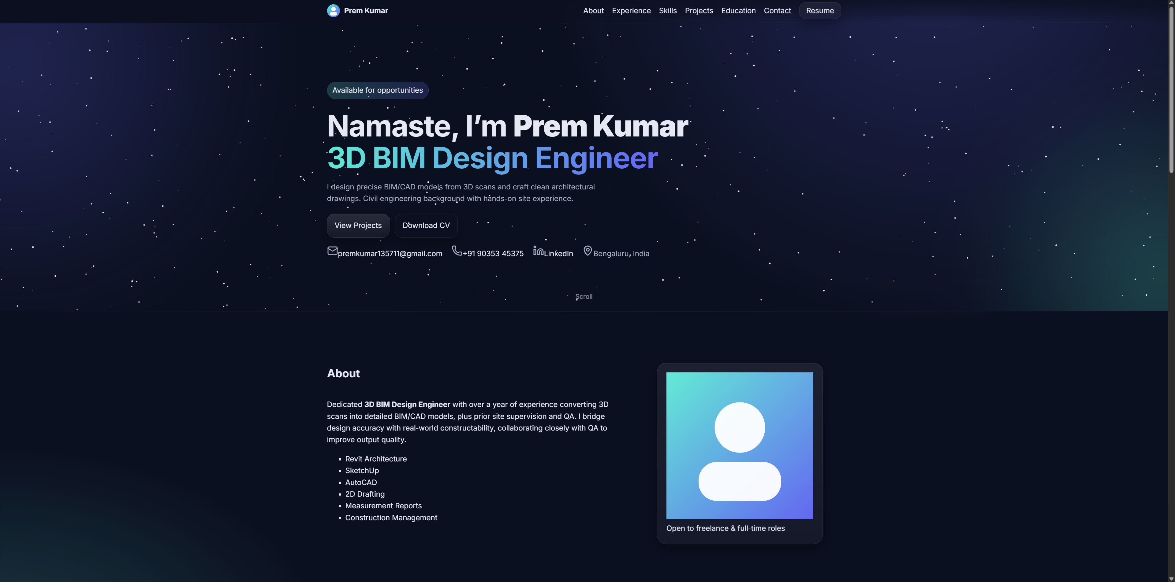 Comprehensive portfolio website preview for Premkumar with multiple sections
